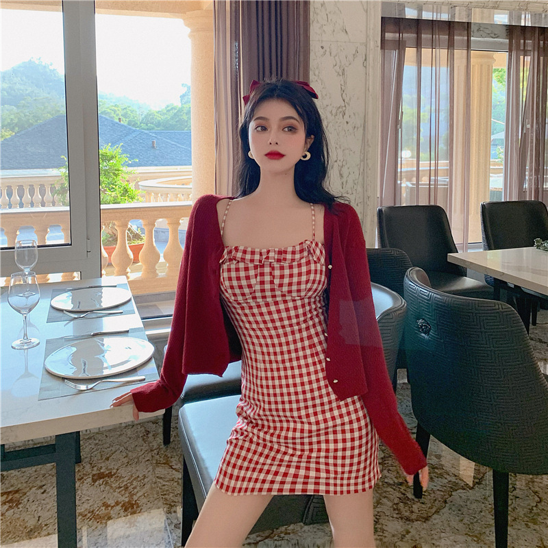 French Plaid Waist Retro Slim Temperament Dress Female Summer Bag Hip Skirt