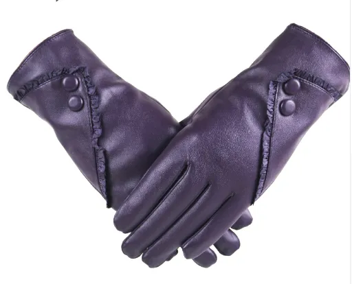 women PU gloves with lace and button Purple - Shop at LoveMi