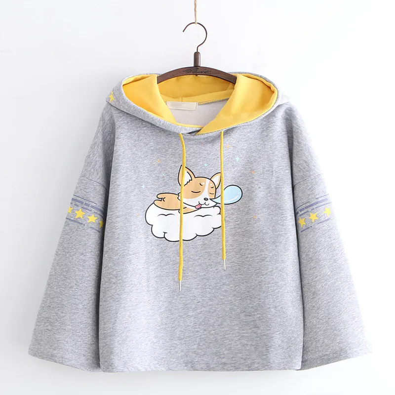 Printed Hooded Plus Fleece Warm Sweater Hoodie - Grey
