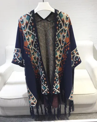 Harajuku style vintage goddess tassel knit long shawl cloak coat Navy Blue - Shop at LoveMi