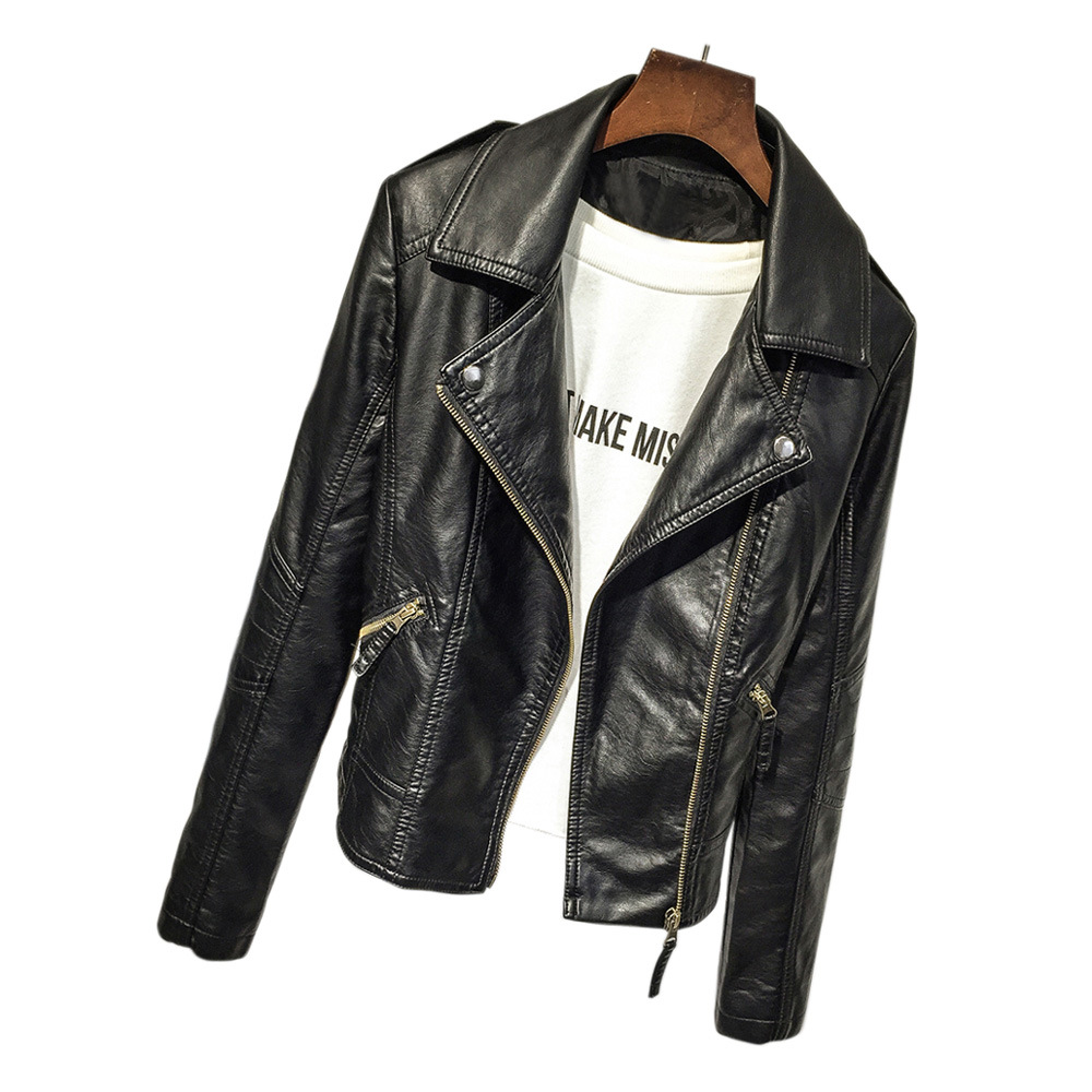 Washed lapel motorcycle leather short jacket