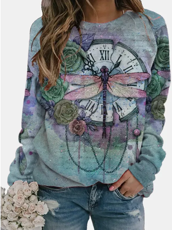 Dandelion Print Long Sleeve O Neck Ladies T shirt 2Photo Color - Shop at LoveMi