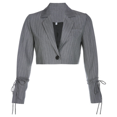 Long Sleeve Striped Double-button Elegant Office Lady Notched Trendy Crop Top All-match Women Commuters