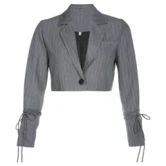 Long Sleeve Striped Double-button Elegant Office Lady Notched Trendy Crop Top All-match Women Commuters - Grey - View 1