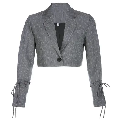 Long Sleeve Striped Double-button Elegant Office Lady Notched Trendy Crop Top All-match Women Commuters - Grey