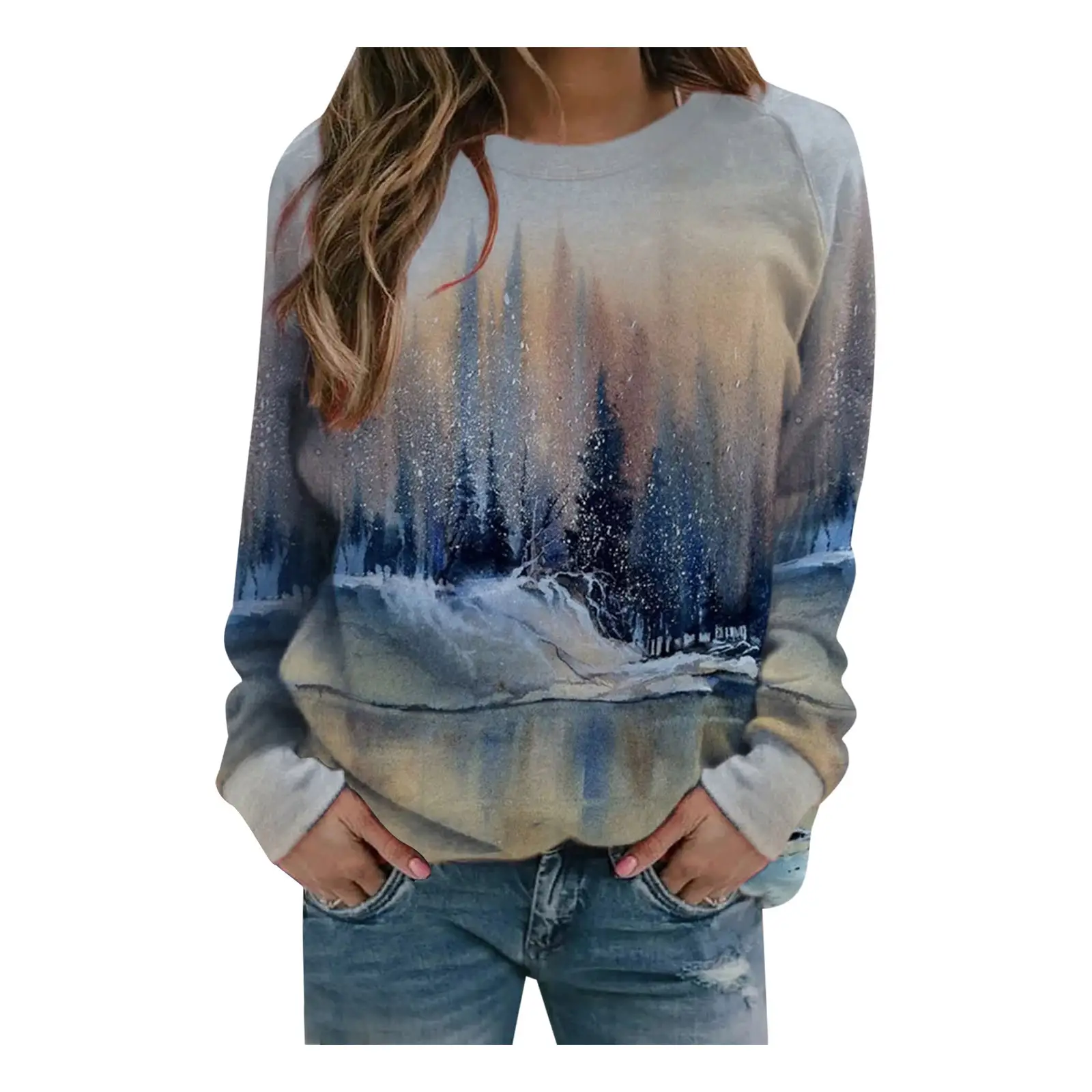 Landscape Print Long Sleeve Ladies Pullover Sweater