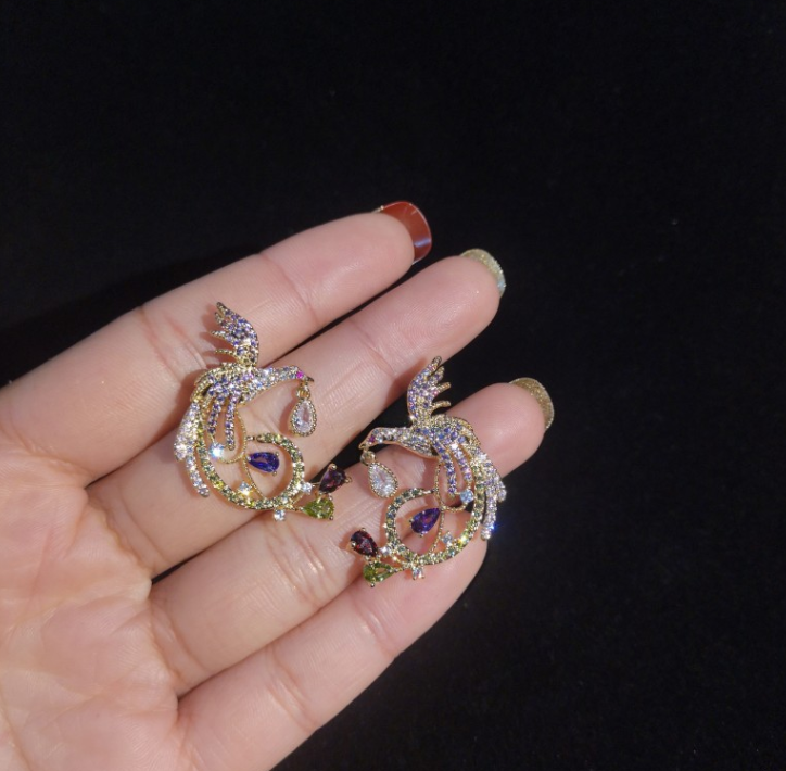925 silver needle heavy work earrings European and American phoenix color bird big earrings