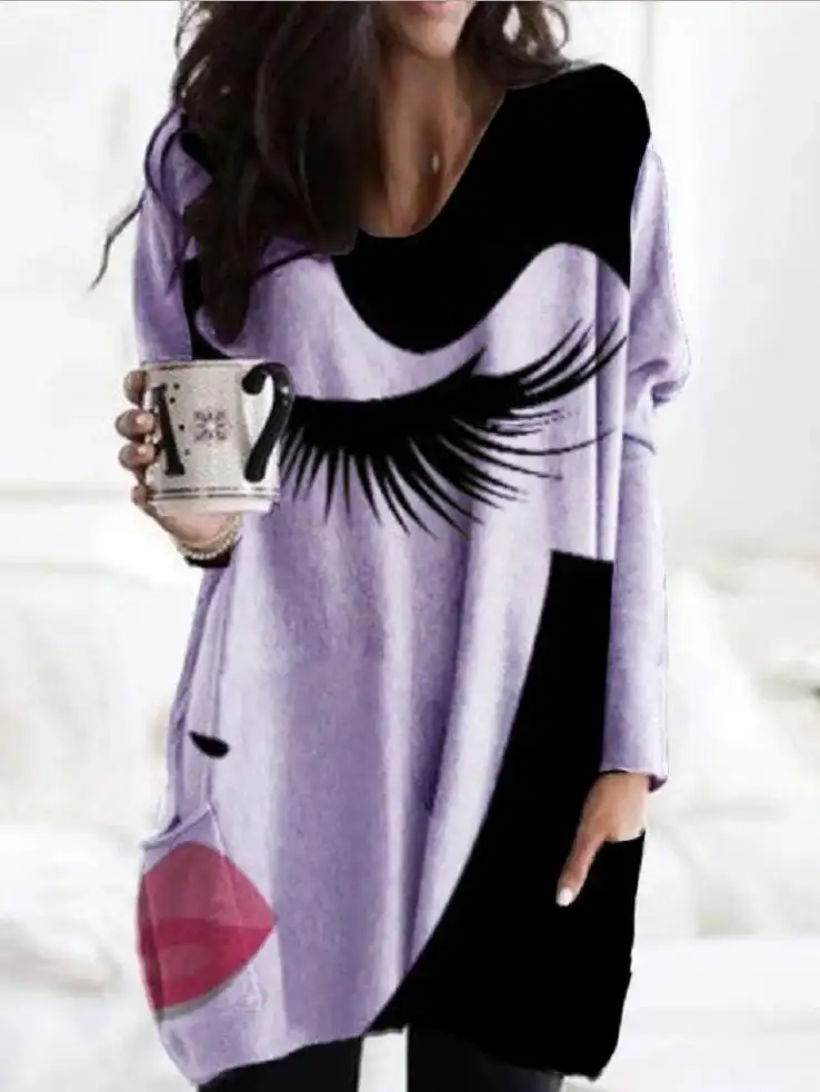 V-neck Print Irregular Hem Long Sleeve Top