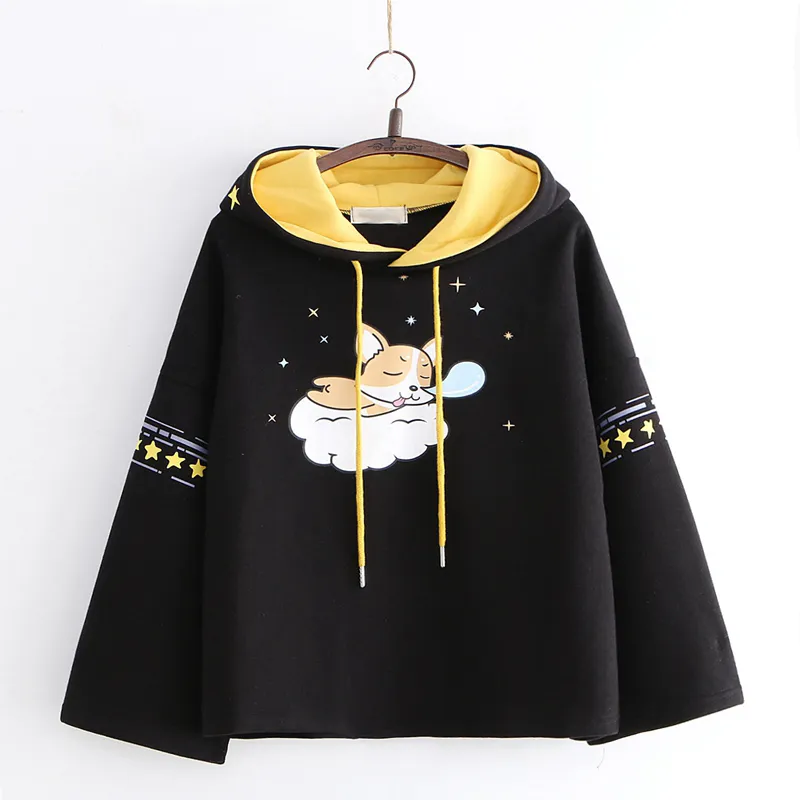 Printed Hooded Plus Fleece Warm Sweater Hoodie - Black