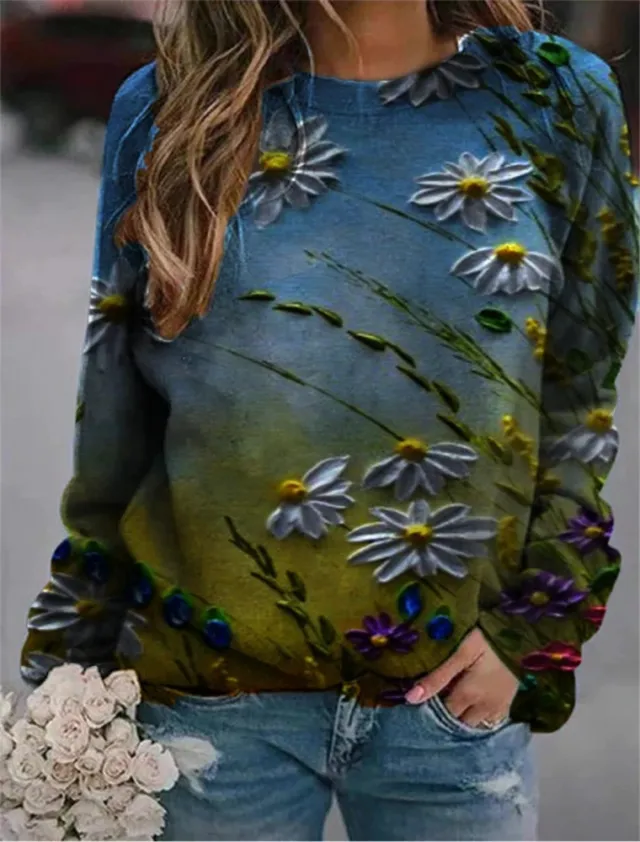 Long Sleeve Printed Mid Length Women's Top Flowers Blue - Shop at LoveMi