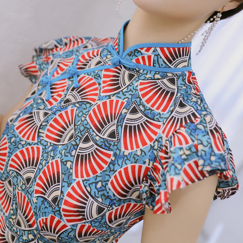 Ruffled Contrast Print Short-Sleeved Dress