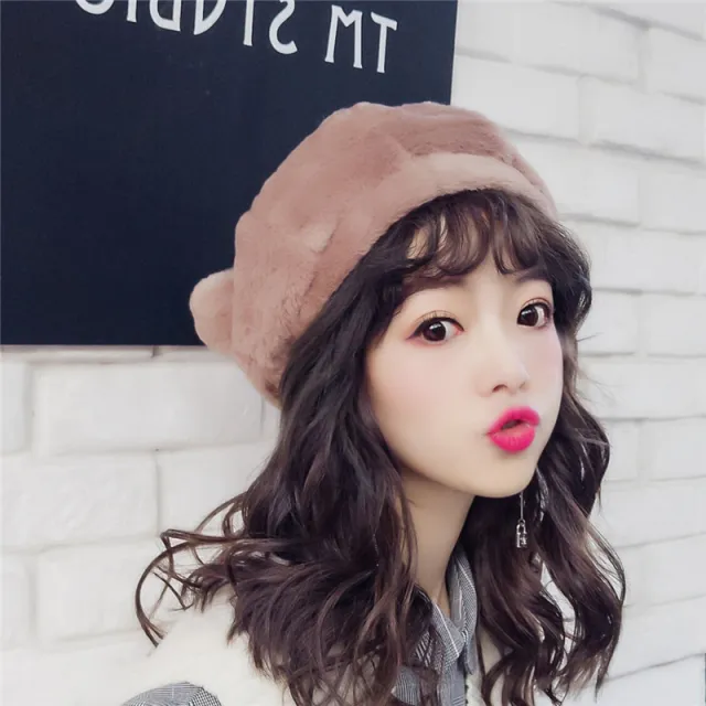Winter Cute Soft Girl Fur Ball Plush Beret Khaki - Shop at LoveMi