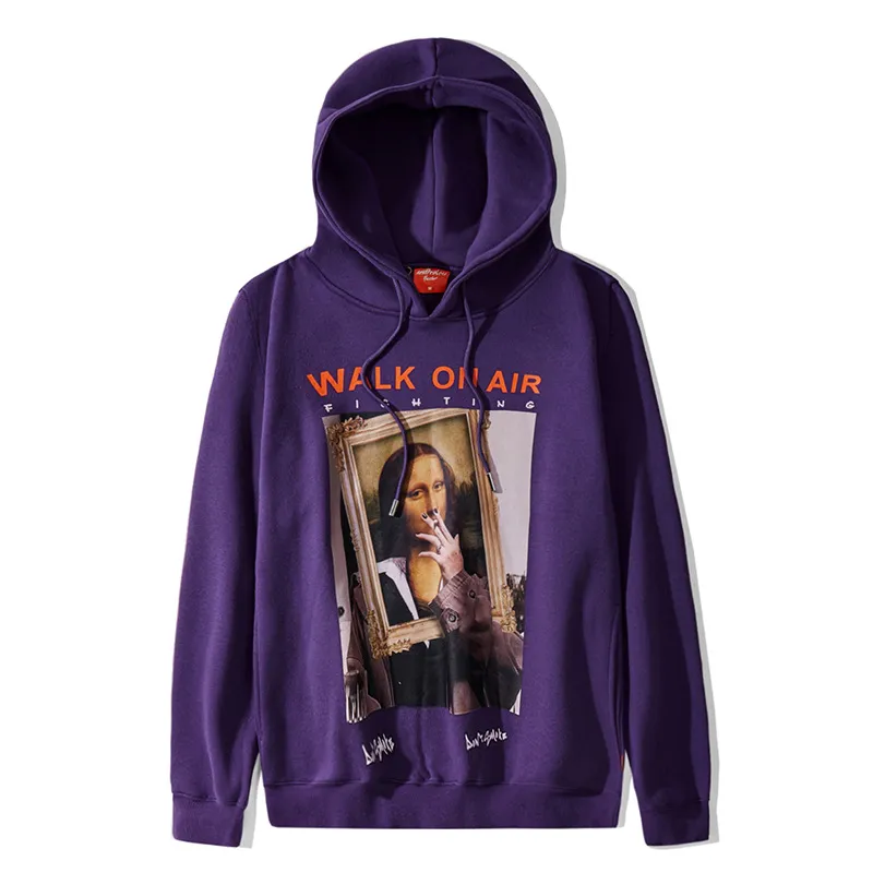 Spoof Mona Lisa Printed Hooded Plus Velvet Sweatshirt - Purple
