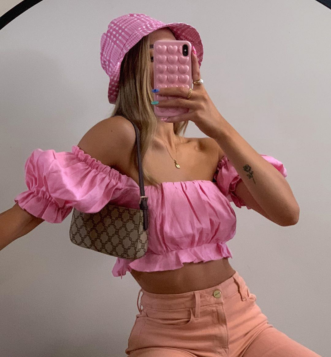 Pink bubble sleeve off shoulder short sleeve