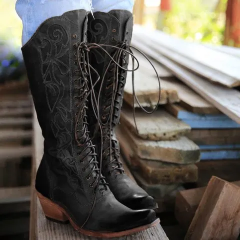 Medium thick heel 40 43 lace mid tube boots women boots Black - Shop at LoveMi