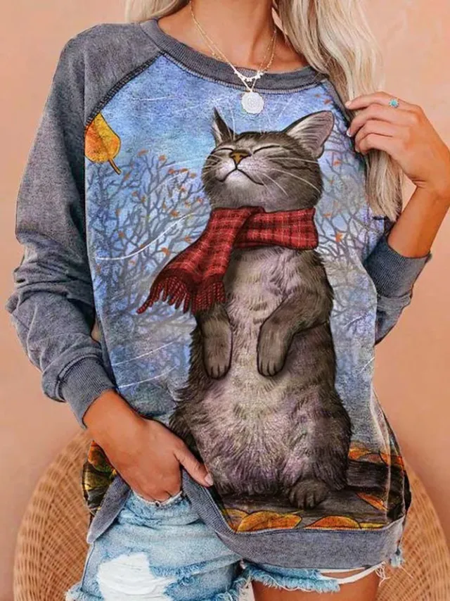 Autumn and winter long sleeved cat print loose sweater Grey - Shop at LoveMi