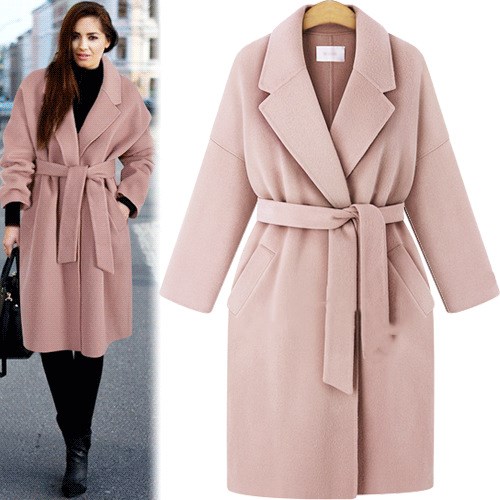 European and American winter new style plus size women's pure color lace-up windbreaker loose coat long woolen coat women