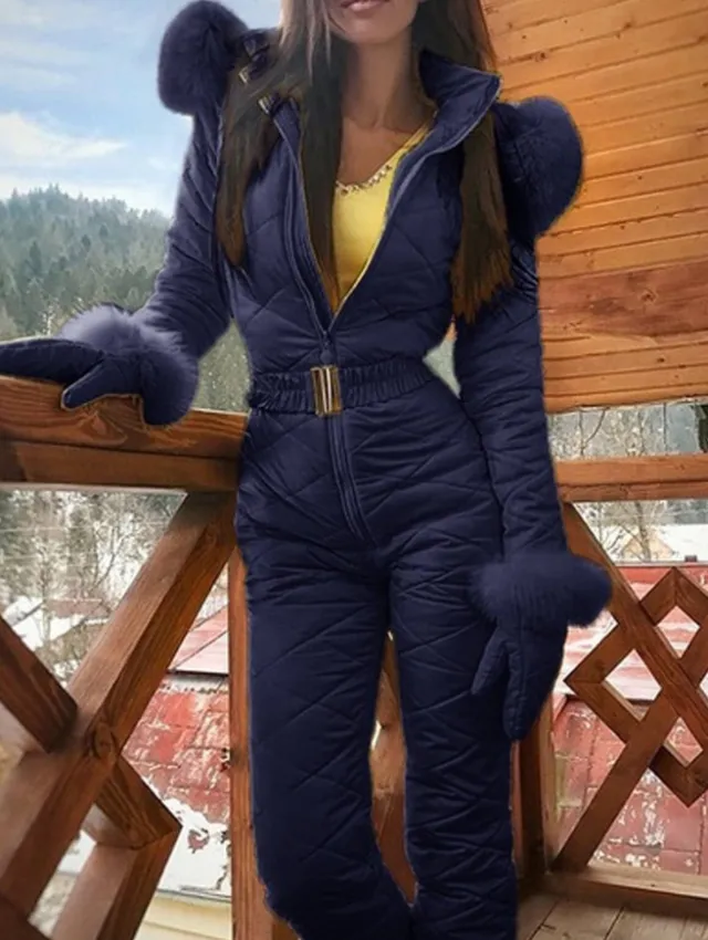Winter Outdoor Body Hoodie Ski Suit Coat Women Navy Blue - Shop at LoveMi