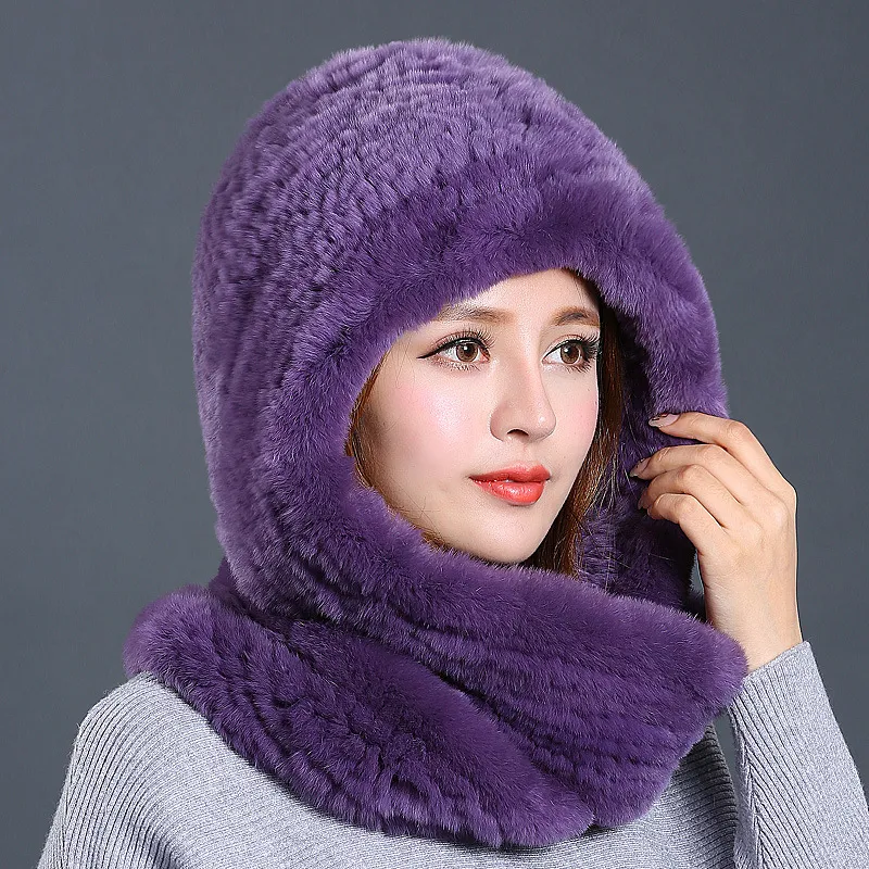 Rabbit Fur Hat Scarf One Female Winter Korean Version - Purple