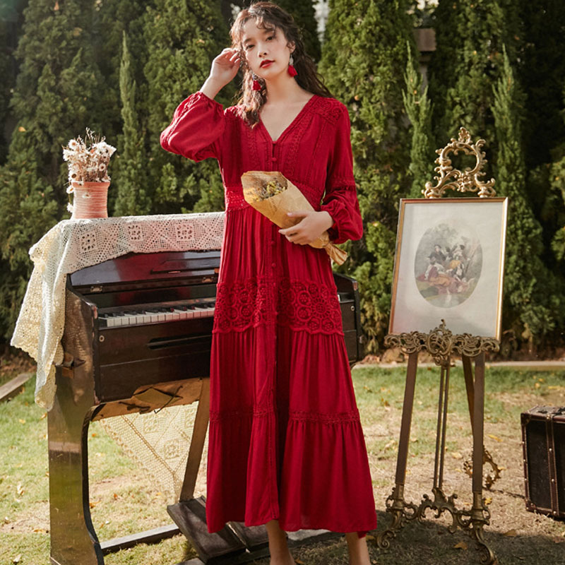 V-Neck High-Waisted Long-Sleeved Lace Dress