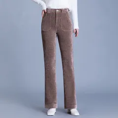 Thick Elastic Cigh Waist And Slim Corduroy Flared Pants - Coffee - View 1
