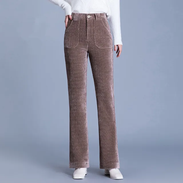 Thick Elastic Cigh Waist And Slim Corduroy Flared Pants Coffee - Shop at LoveMi