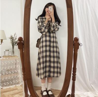 Retro Lace Waist Long Sleeve Plaid Ladies Dress
