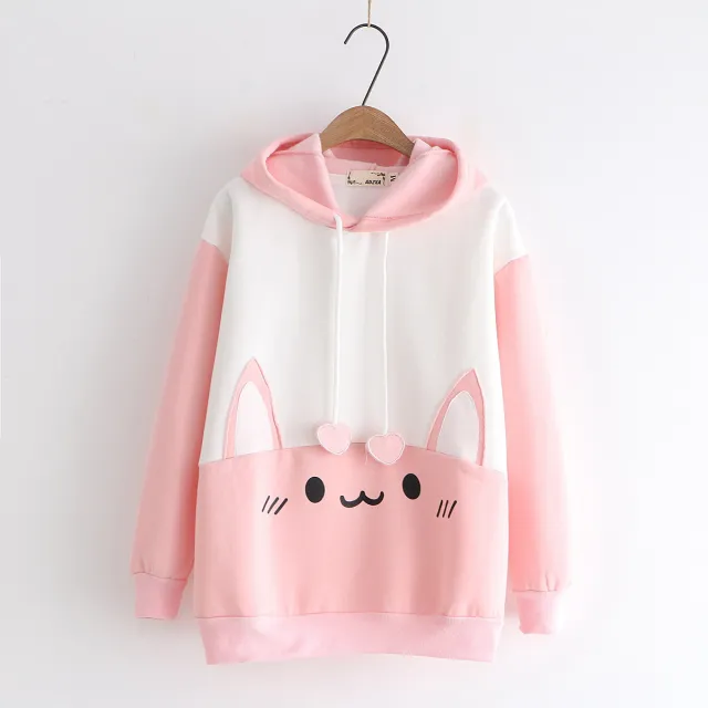 Plush cat print hoodie Pink - Shop at LoveMi