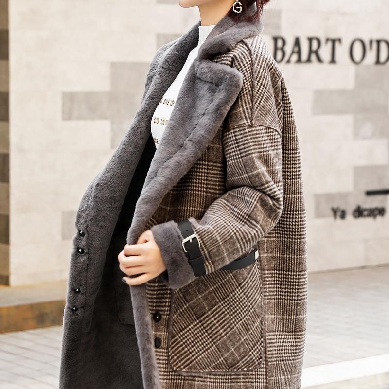Plaid thickened mid-length faux lamb woolen coat