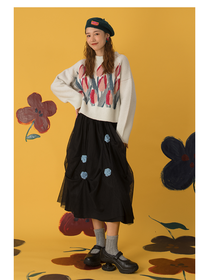 Vintage tulip flower pattern loose sweater