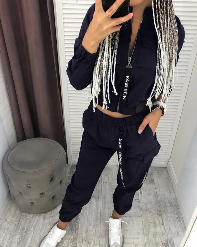 Autumn army green leisure two piece suit Black - Shop at LoveMi
