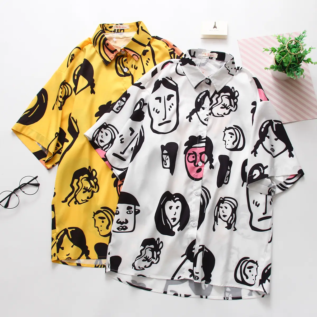 Cartoon Face Personality Printed Polo Collar Short Sleeve Shirt