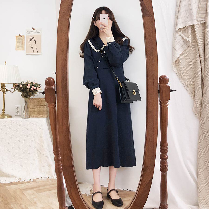 Korean Style V-Neck Lace Long Long Sleeve Dress