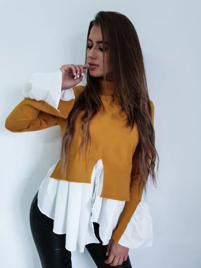 Stitching high neck long sleeve T shirt irregular top Yellow - Shop at LoveMi