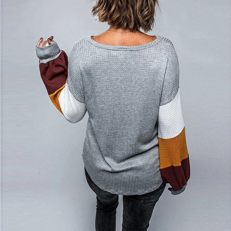 Lantern Long Sleeve Contrast Color Round Neck Casual Ladies Sweater