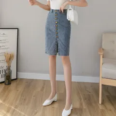 Women's high waist mid-length denim skirt - Blue - View 1