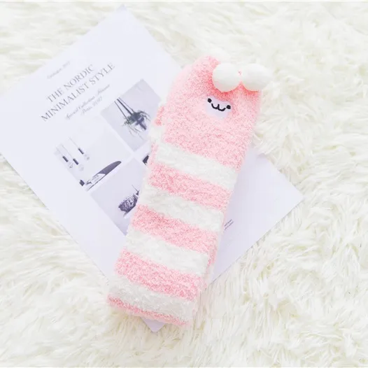 Long tube striped female socks coral velvet socks Pink - Shop at LoveMi