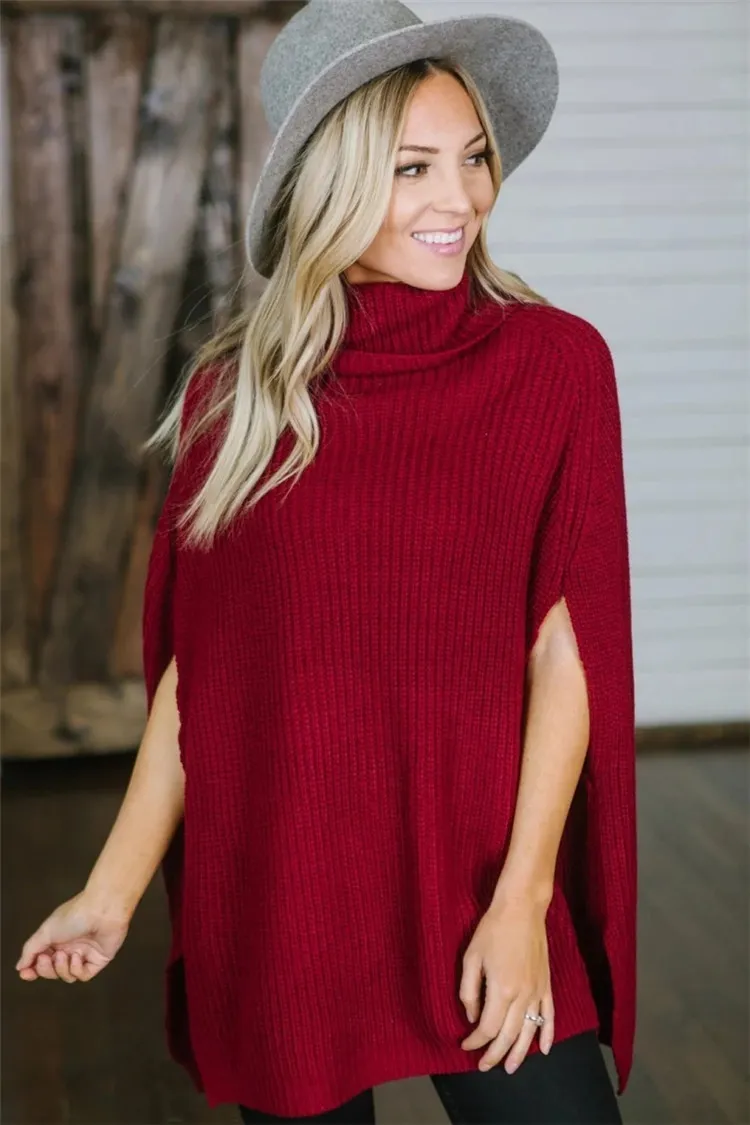 Sleeveless Turtleneck New Coat Sweater Shawl - Wine Red