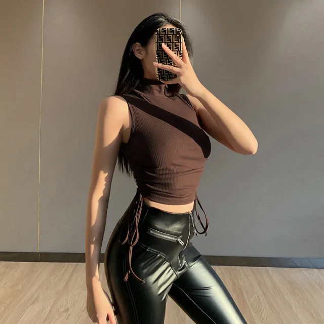 High Neck Skinny Sleeveless Bottoming Vest Brown - Shop at LoveMi