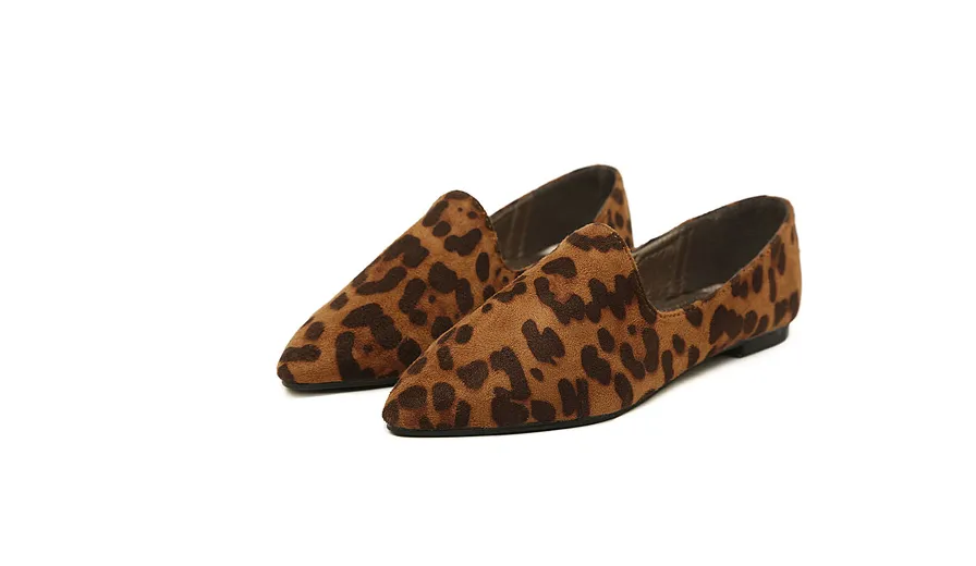 Wild big size women's shoes 41 leopard flat flat with single shoes 42 hit color deep mouth pointed autumn shoes - Leopard