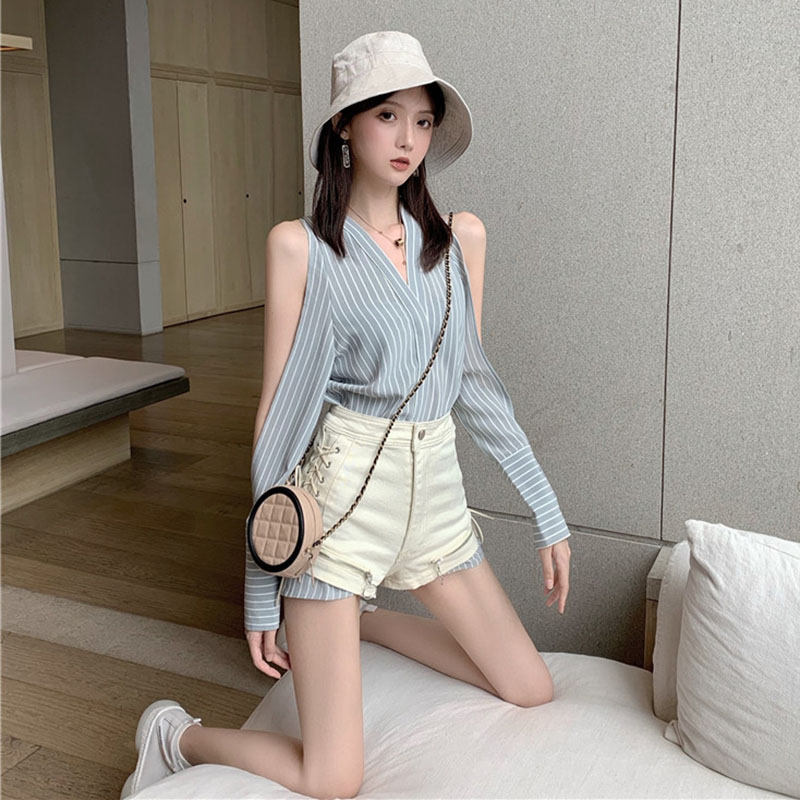 Long-sleeved Striped Shirt Thin Off-shoulder Top - 5