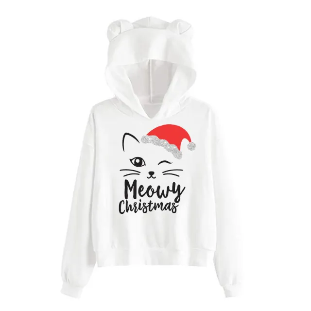 Printed ear sweater ladies hooded top White - Shop at LoveMi