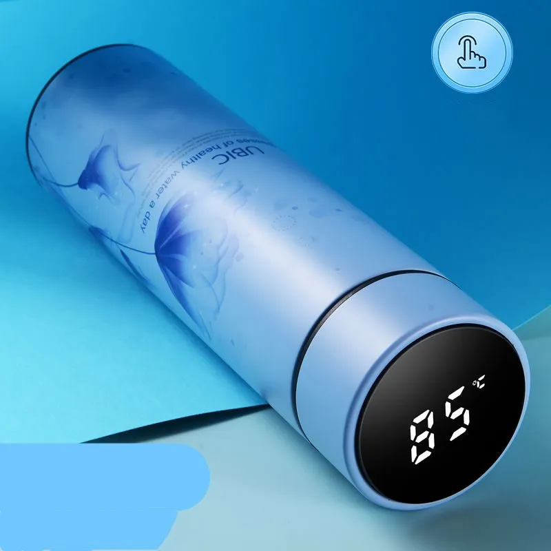 Temperature display temperature control cup water cup - Blue Flower Feather