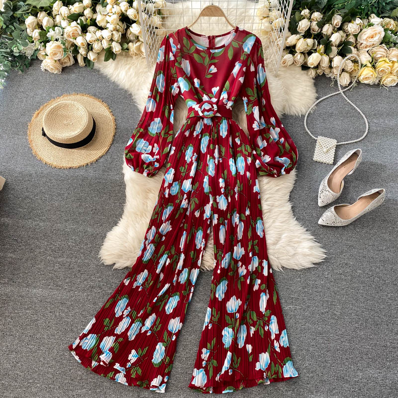 Printed Jumpsuit Slim-fit Long Pleated Wide-leg Pants
