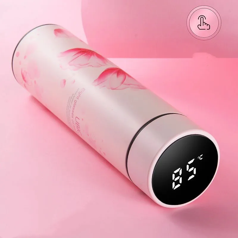 Temperature display temperature control cup water cup - Pink Flower Feather