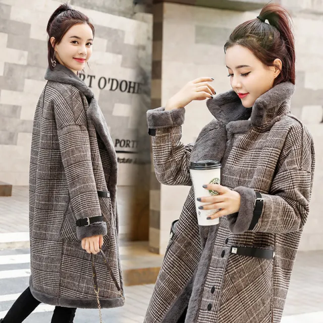 Plaid thickened mid length faux lamb woolen coat Photo Color - Shop at LoveMi