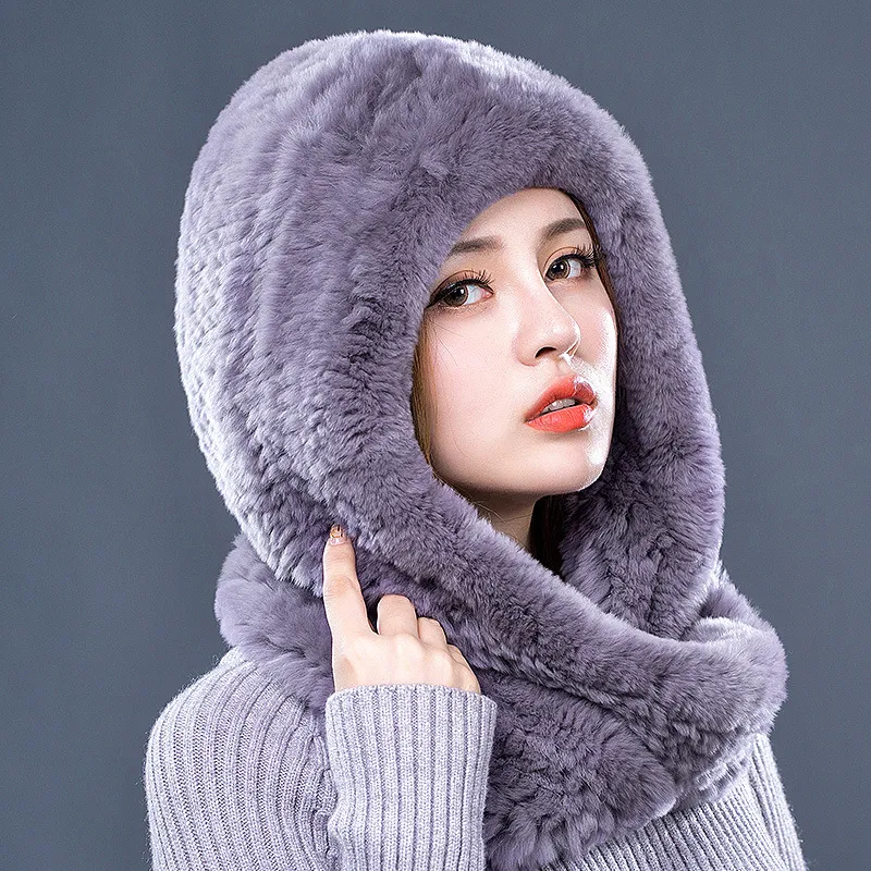 Rabbit Fur Hat Scarf One Female Winter Korean Version - Grey