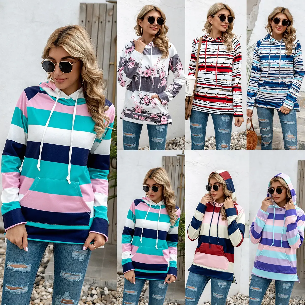 Rainbow Striped Flower Long Sleeve Hoodie