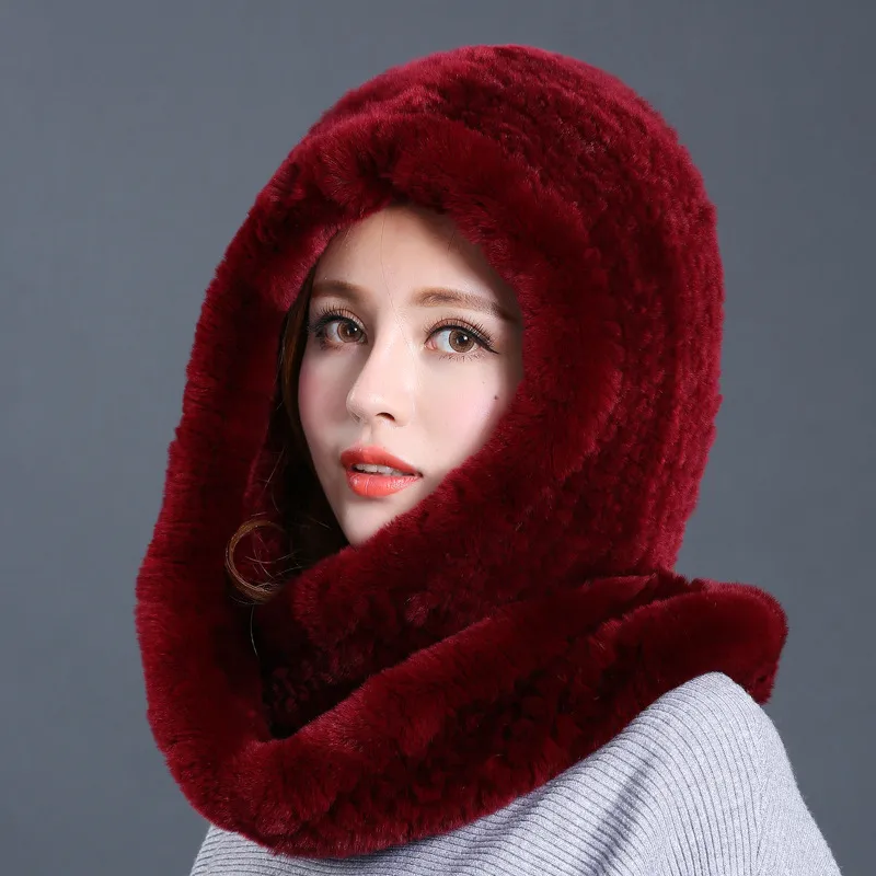 Rabbit Fur Hat Scarf One Female Winter Korean Version - Wine