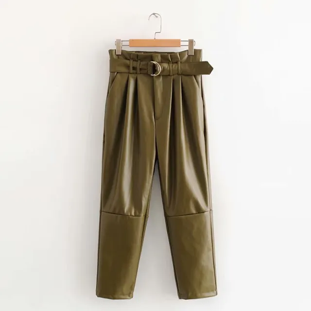 Ladies high waist lace solid color leather pants Army Green - Shop at LoveMi